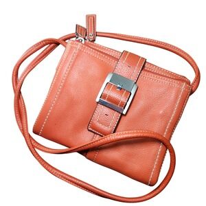 Y2K Orange Leather Crossbody Bag Silver Big‎ Buckle Shoulder Strap Travel Preppy